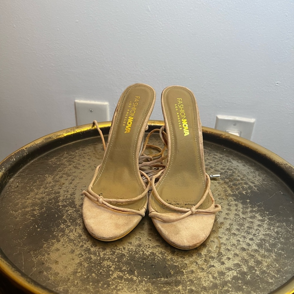 Nude wrap around suede heels